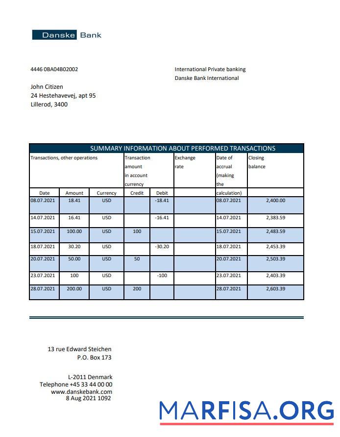 Blank Denmark Danskebank bank statement excel sample